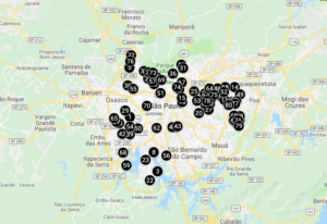 Mapa das escolas participantes do EcoaAtivos em São Paulo